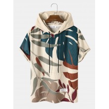 Men Tropical Plant Print Corduroy Casual Short Sleeve Hooded T  Shirts