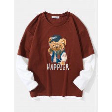 Men Teddy Bear Print Letter Fakes Two Drop Shoulder T  Shirts