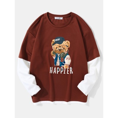 Men Teddy Bear Print Letter Fakes Two Drop Shoulder T  Shirts