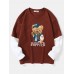 Men Teddy Bear Print Letter Fakes Two Drop Shoulder T  Shirts