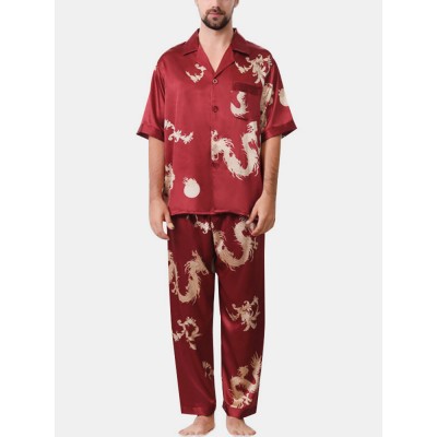 Mens Dragon Print Short Sleeve Pajamas Suit Sleepwear