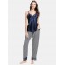 Ladies Lace  trim Suit Spaghetti Straps Striped Casual Loungewear Satin Pajama Set