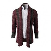 Mens Fashion Stitching Turn  down Collar Knitted Cardigans Casual Slim Fit Sweater