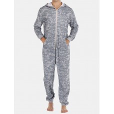 Men Gray Camo Loungewear Jumpsuit Thicken Thermal Loose Zip Down Hooded Home Pajamas With Pockets