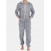 Men Gray Camo Loungewear Jumpsuit Thicken Thermal Loose Zip Down Hooded Home Pajamas With Pockets