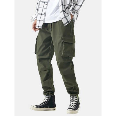 Mens Solid Applique Cotton Drawstring Cuff Cargo Pants With Multi Pockets