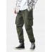 Mens Solid Applique Cotton Drawstring Cuff Cargo Pants With Multi Pockets