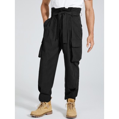 Mens Irregular Lace  up Waist Overall Cargo Pants