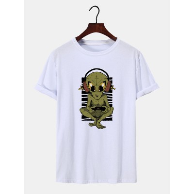 Men Alien Pattern Crew Neck Hem Cuff Short Sleeve Soft Casual T  Shirts