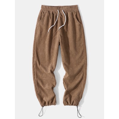 Men Corduroy Drawstring Waist Slant Pockets Cuffed Jogger Pants