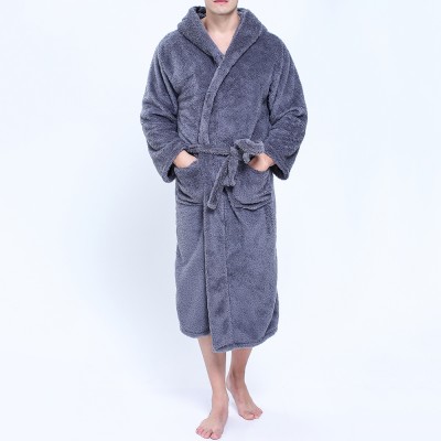 Men Flannel Pockets Bathrobe Pajama Hooded Sleepwear Robe