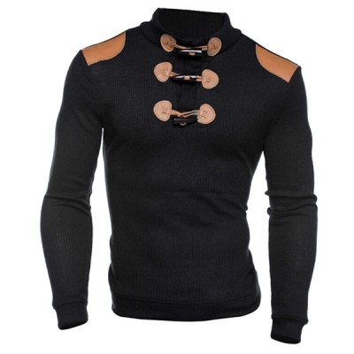 Fashion Horns Buttons Design Patchwork Pullovers Casual Knitted Stand Collar Sweater For Men