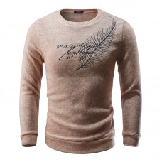 Men’s Casual Rabbit Fur Decorative Feather Letters Embroidery Round Neck Slim Fit Sweaters