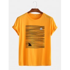 Mens Shark   Line Print Round Neck Short Sleeve Cute T  Shirts