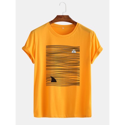 Mens Shark   Line Print Round Neck Short Sleeve Cute T  Shirts