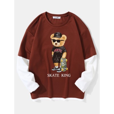 Men Street Teddy Bears Print Fakes Two Crew Neck T  Shirts