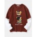 Men Street Teddy Bears Print Fakes Two Crew Neck T  Shirts