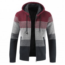 Mens Thick Velvet Casual Thermal Knitting Cardigans Hooded Color Matching Sweaters