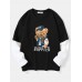 Men Teddy Bear Print Letter Fakes Two Drop Shoulder T  Shirts