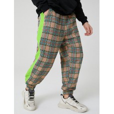 Mens Plaid Cotton Side Patchwork Drawstring Elastic Waist Jogger Pants With Pocket